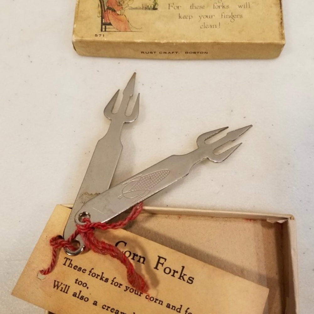 Antique pair of Rust Craft Boston corn forks.